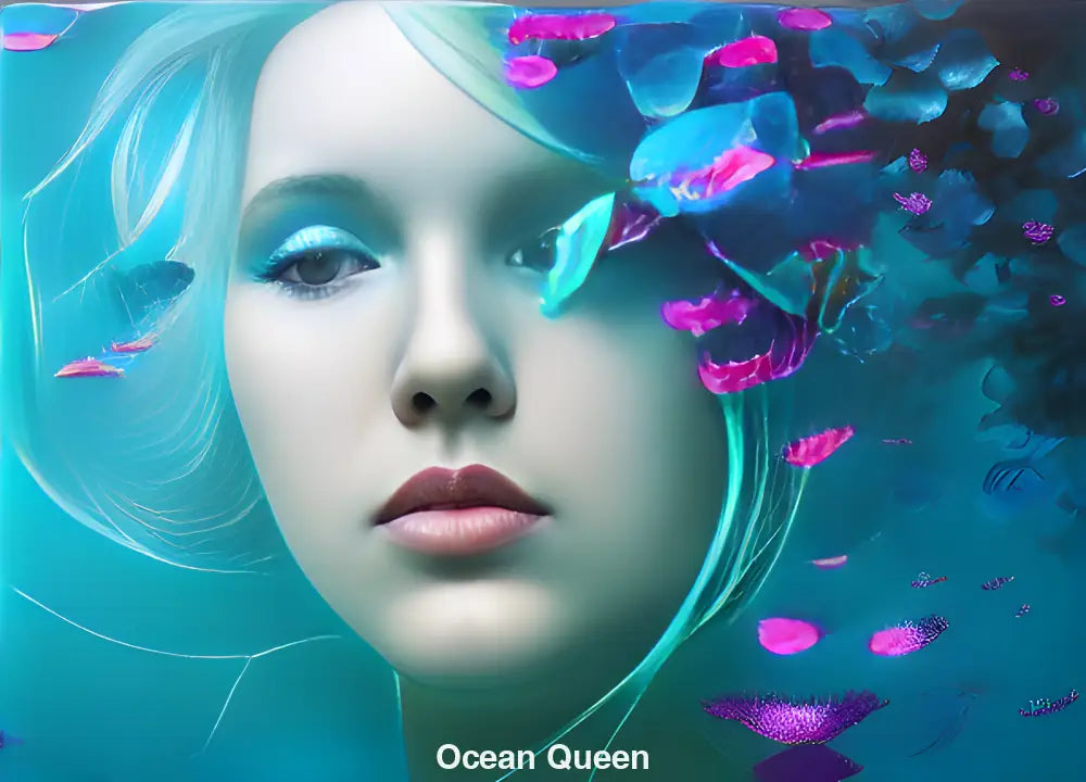 Digitale Meereskönigin in blauer Unterwasserwelt – ruhig, leuchtend, KI-generiert und ästhetisch
