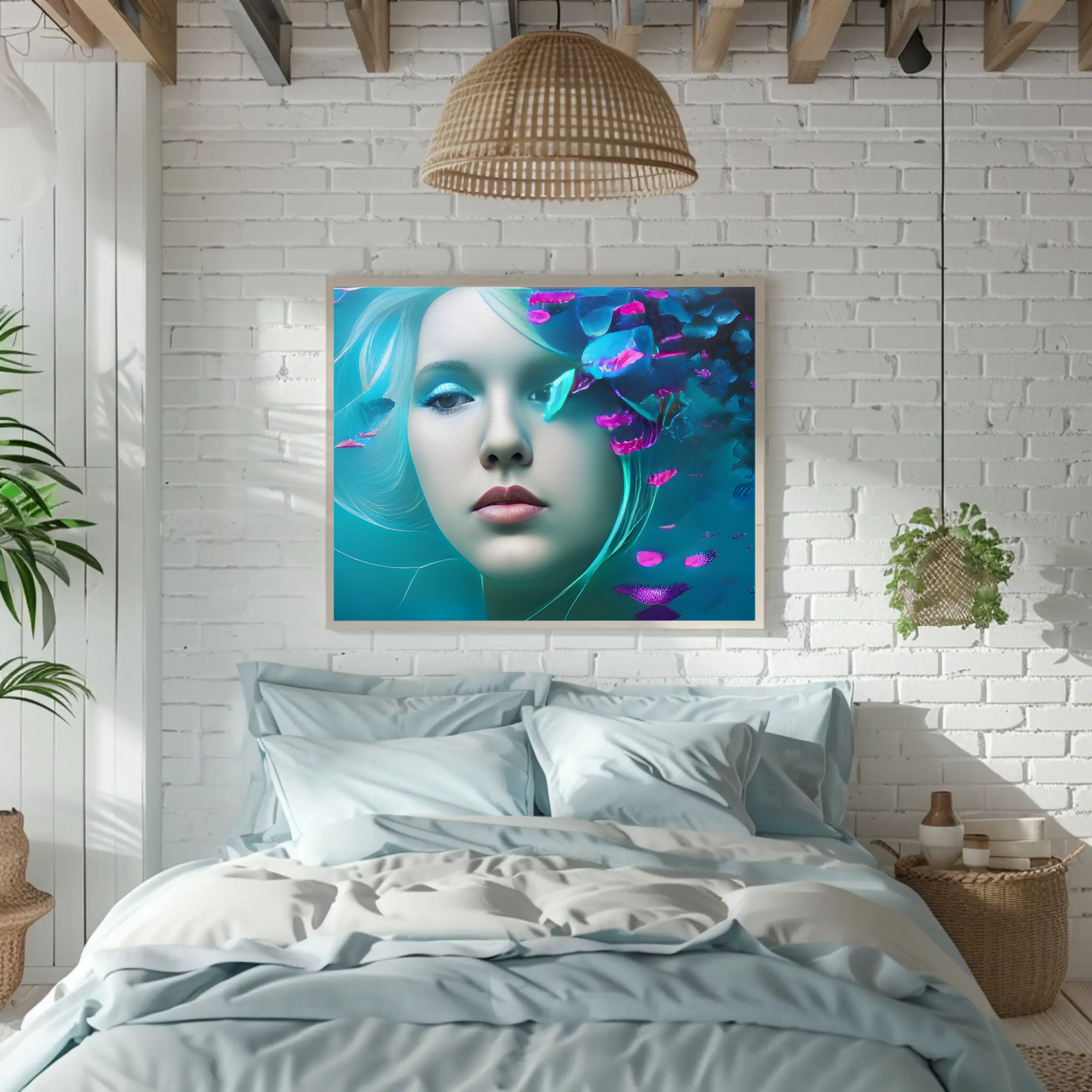Porträt Fine Art Print in Türkis und Blau über hellem Schlafzimmer