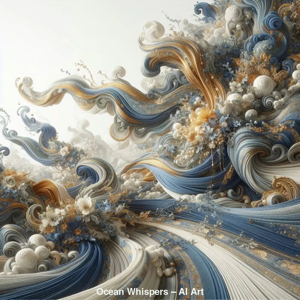 Digital Art Wellen in Blau-, Gold- und Cremetönen mit floralen Details und abstrakter Struktur.