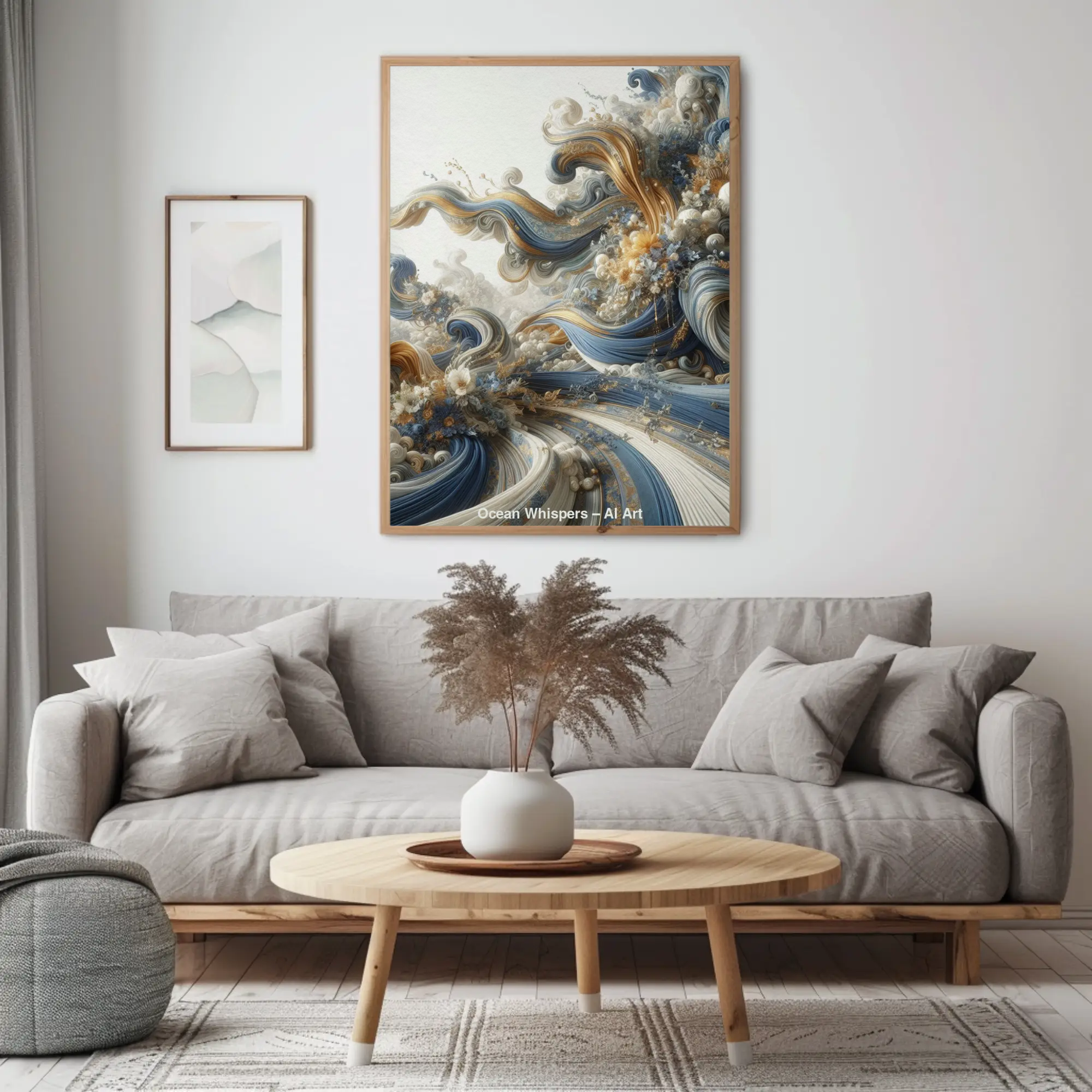 Digital Art Mockup mit Wellen in Blau-, Gold- und Cremetönen und floralen Details in moderner Wohnzimmereinrichtung.