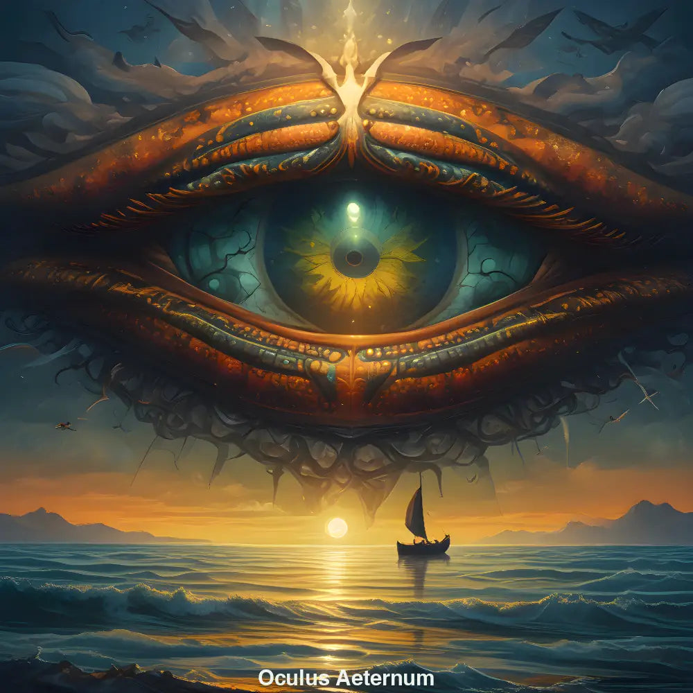 Digitales Auge über ruhigem Meer bei Sonnenuntergang – spirituelle, surreale Kunst mit Symbolik