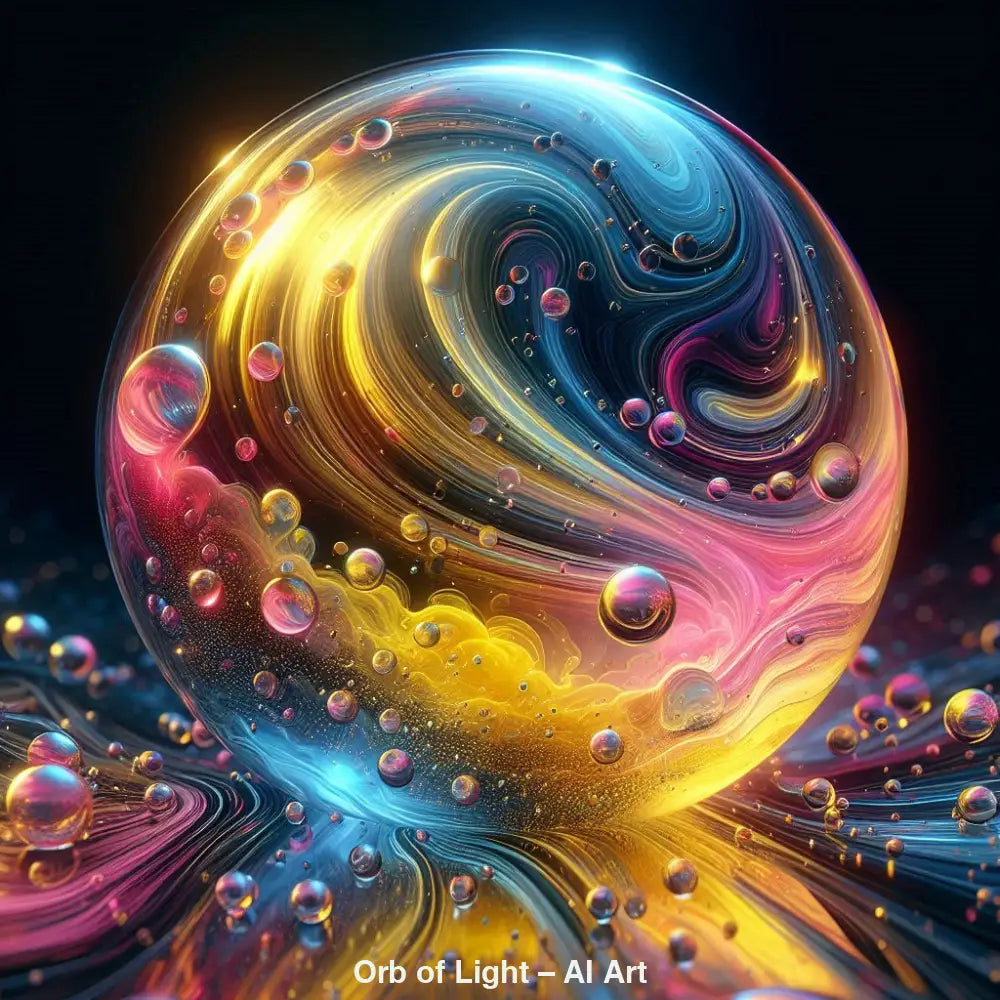 AI Art Kugel mit goldenen, blauen und pinken Farbströmen und schimmernden Lichtreflexen.