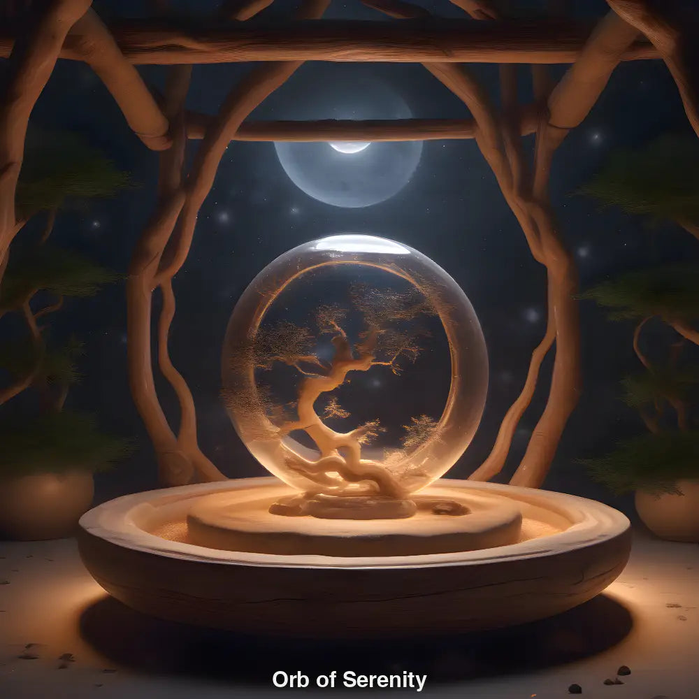 Bonsai-Baum in schimmernder Glaskugel bei Mondlicht – ruhige, meditative KI-Kunst