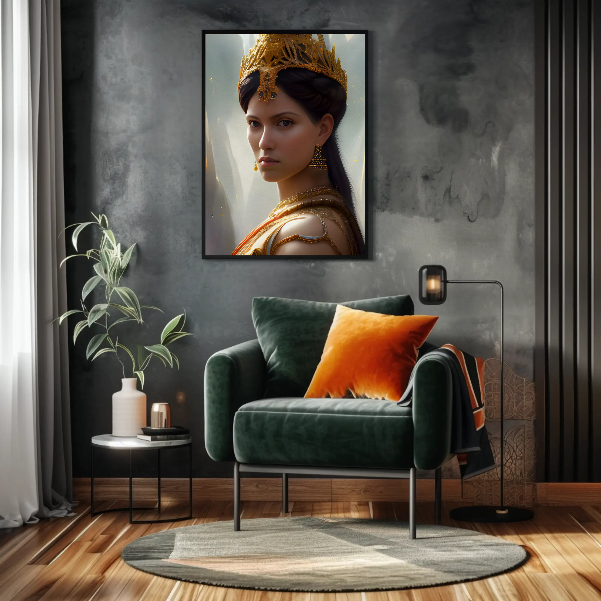 Fine Art Print mit orientalischem Frauenporträt in einem modern eingerichteten Wohnraum an der Wand