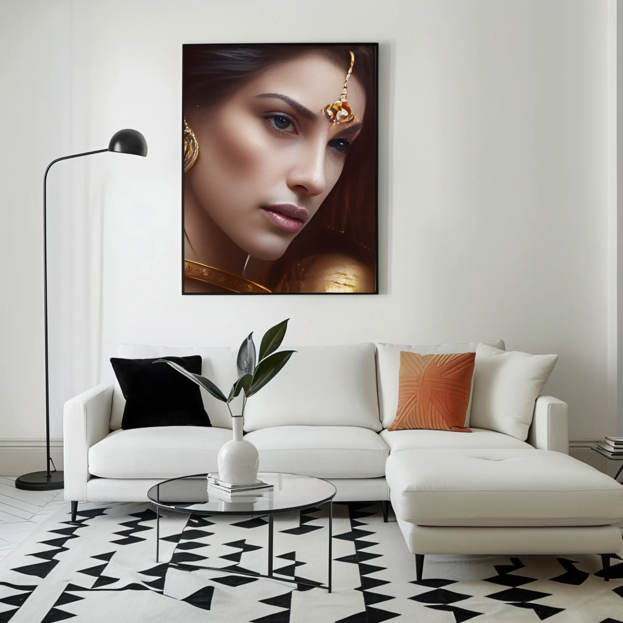 Fine Art Print mit orientalischem Porträt an einer modernen Wand in einem hellen Wohnraum