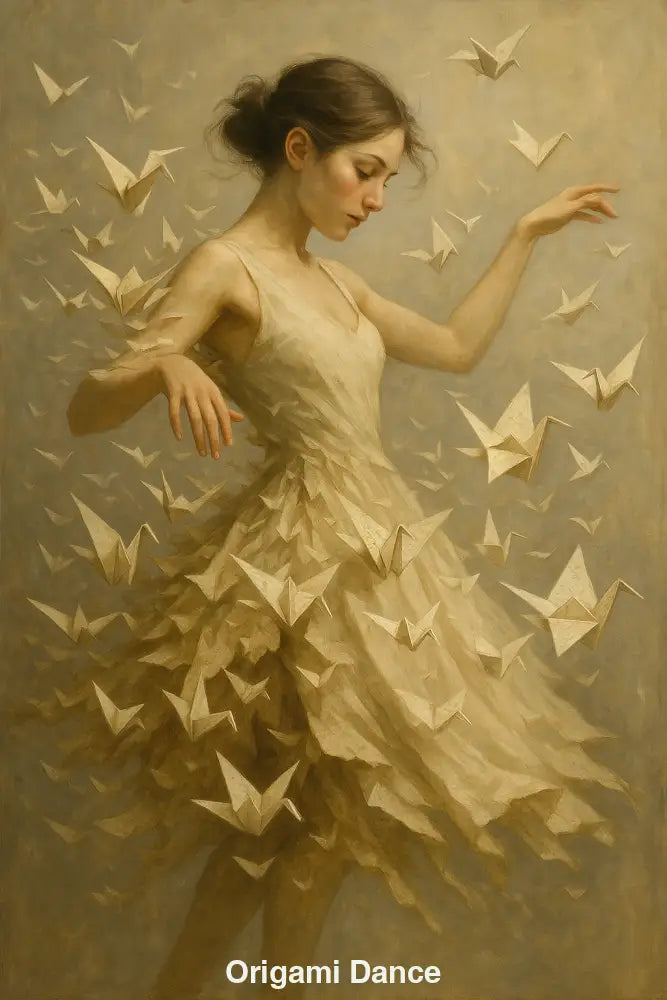 Surreale Darstellung einer Frau, deren Kleid sich in fliegende Origami-Vögel auflöst