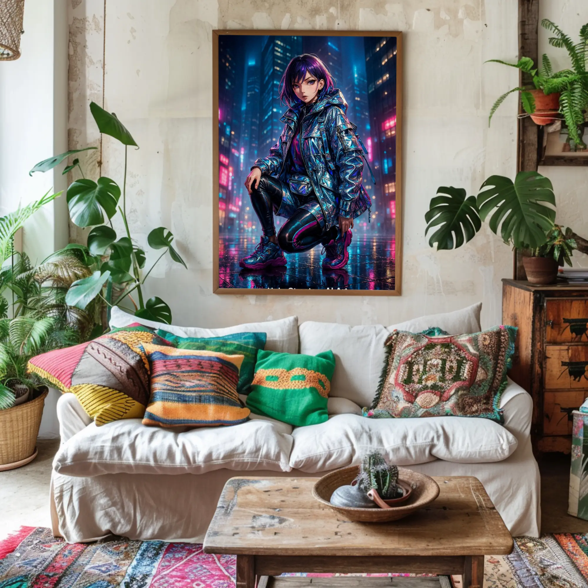Cyberpunk Szene mit leuchtenden Farben und ruhiger Figur im Mittelpunkt