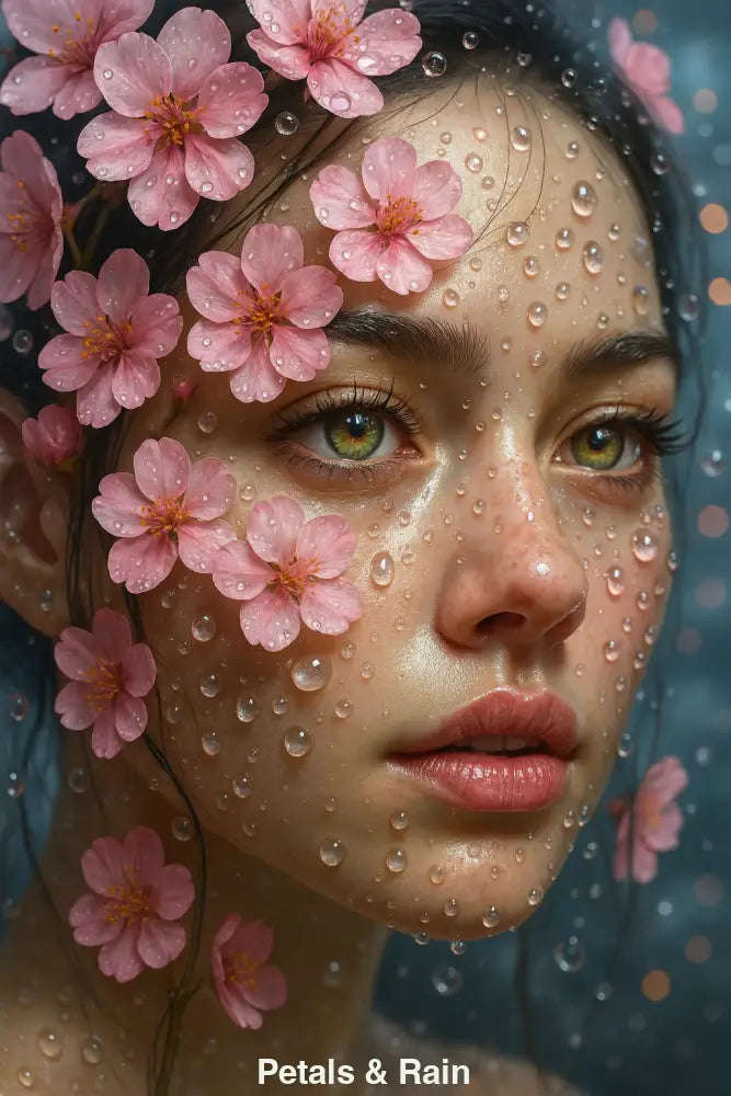 ki-porträt mit rosa blüten und regentropfen auf gesicht – nur 1x erhältlich