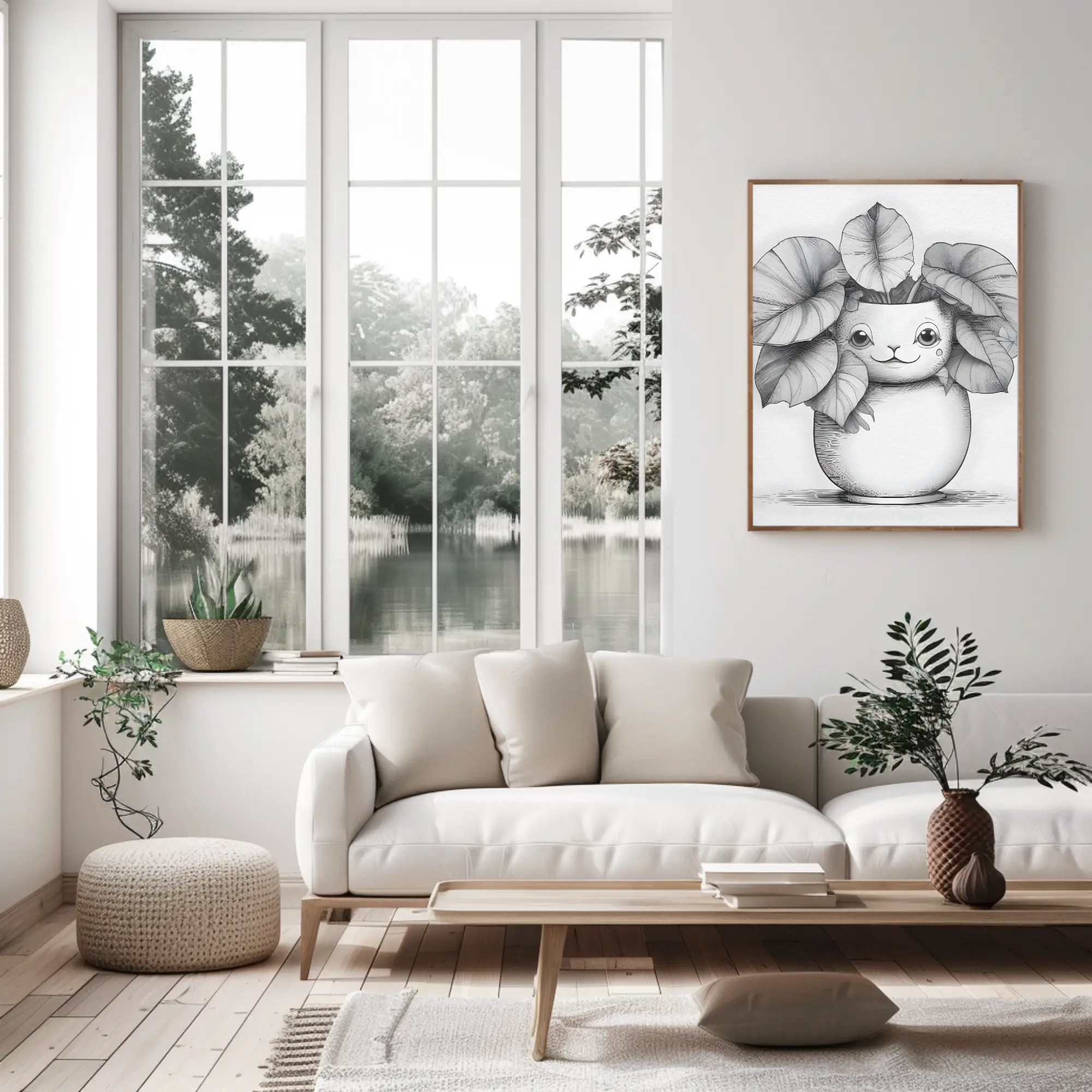 Pflanzenfigur als Fine Art Print in hellem Wohnzimmer mit natürlichem Licht