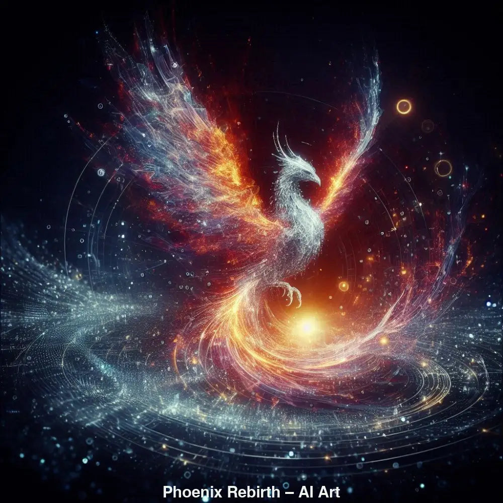 AI Art Phönix mit leuchtenden Flammenflügeln, kosmischem Hintergrund und dynamischem 3D Effekt.