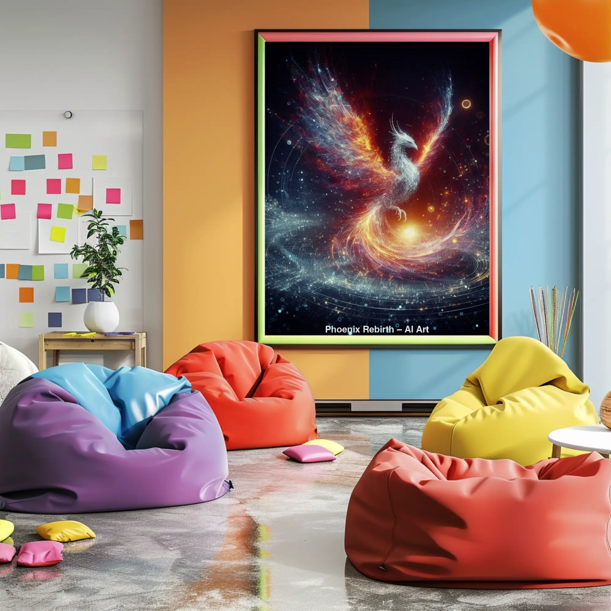 Mockup einer AI Art Darstellung eines Phönix mit leuchtenden Flammenflügeln vor kosmischem Hintergrund.
