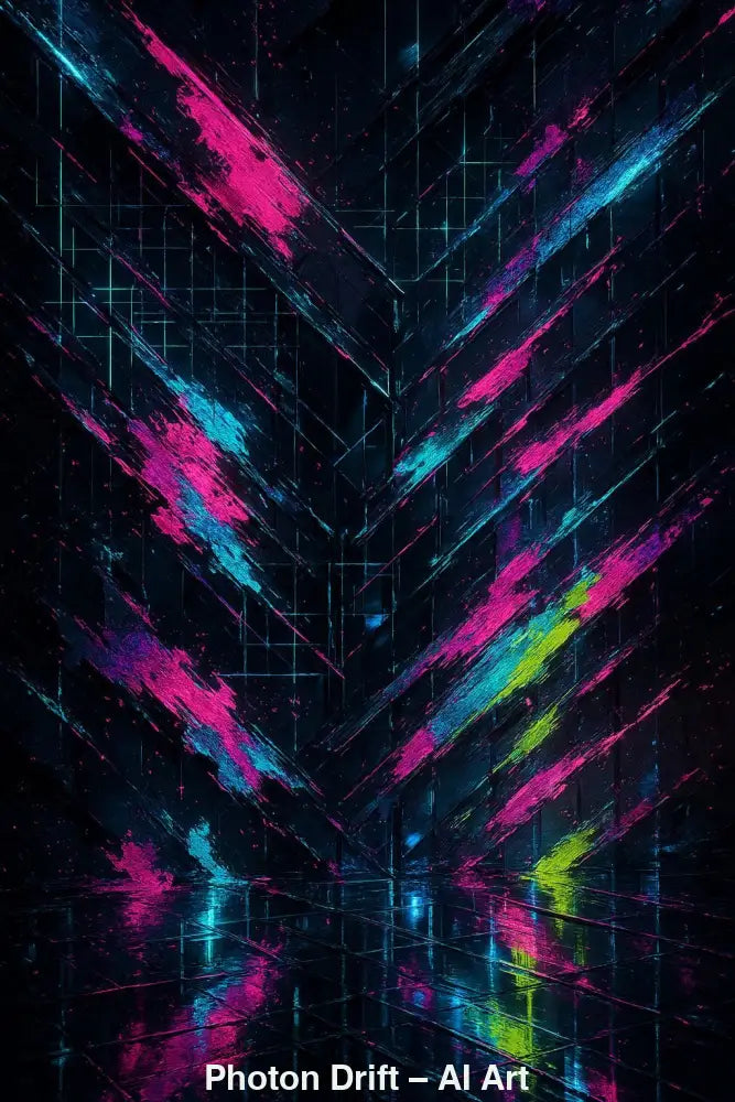Photon Drift – AI Art, abstraktes Neonmotiv mit pinken, blauen und gelben Lichtströmen auf dunklem, reflektierendem Hintergrund.