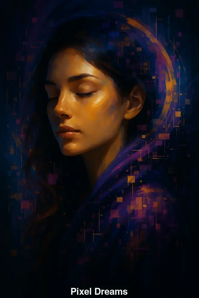 AI Portrait mit goldenen Lichtreflexen und pixelartigen Formen in Violett und Blau, digitaler Traumlook