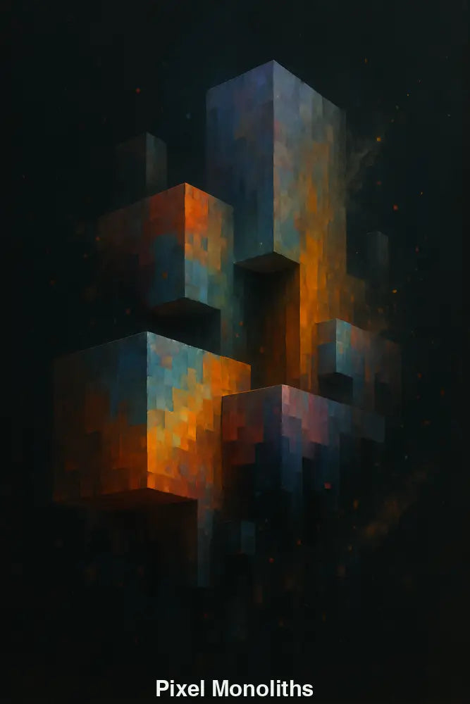 Abstrakte digitale Kunst mit leuchtenden Pixelwürfeln, die im dunklen Raum schweben, in Blau-, Orange- und Violetttönen.