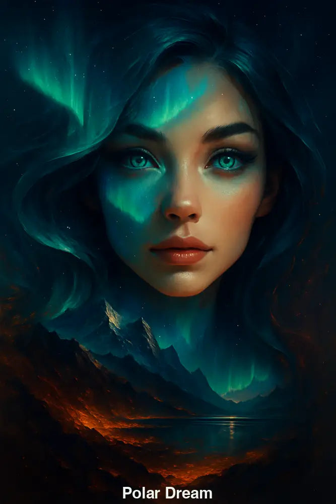 AI Porträt einer Frau mit Nordlichtern im Gesicht – magisch, leuchtend, geheimnisvoll.