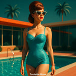 Retro-Frau im türkisblauen Badeanzug mit Sonnenbrille am Pool vor Mid-Century-Haus