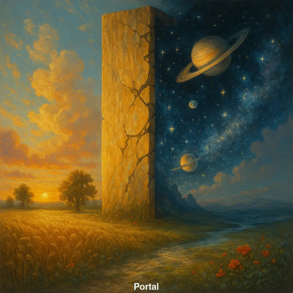 Surreales Gemälde mit Steintor, das eine sonnige Landschaft von einem sternenreichen Universum trennt