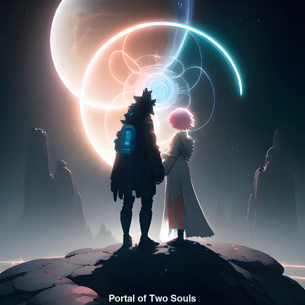 Zwei Seelen vor einem galaktischen Lichtportal – KI-Kunst über Liebe, Raum & Zeit. Digital, spirituell, emotional stark.