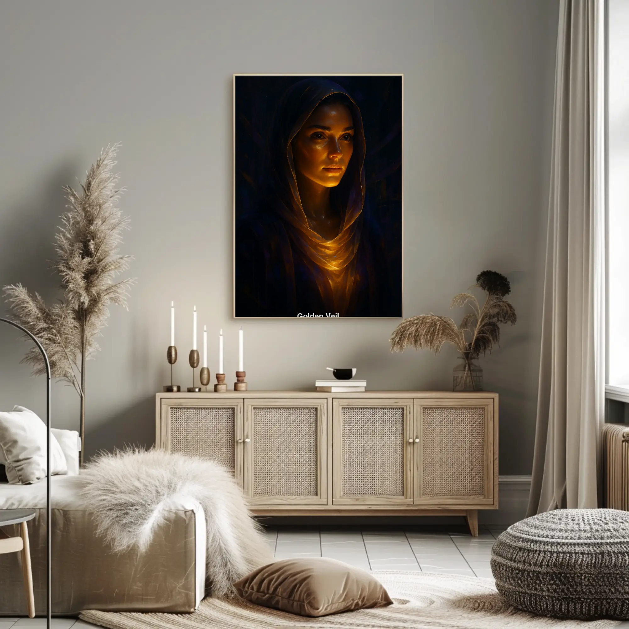 Dunkles Porträt mit warmen goldenen Lichtlinien um Gesicht und Hals