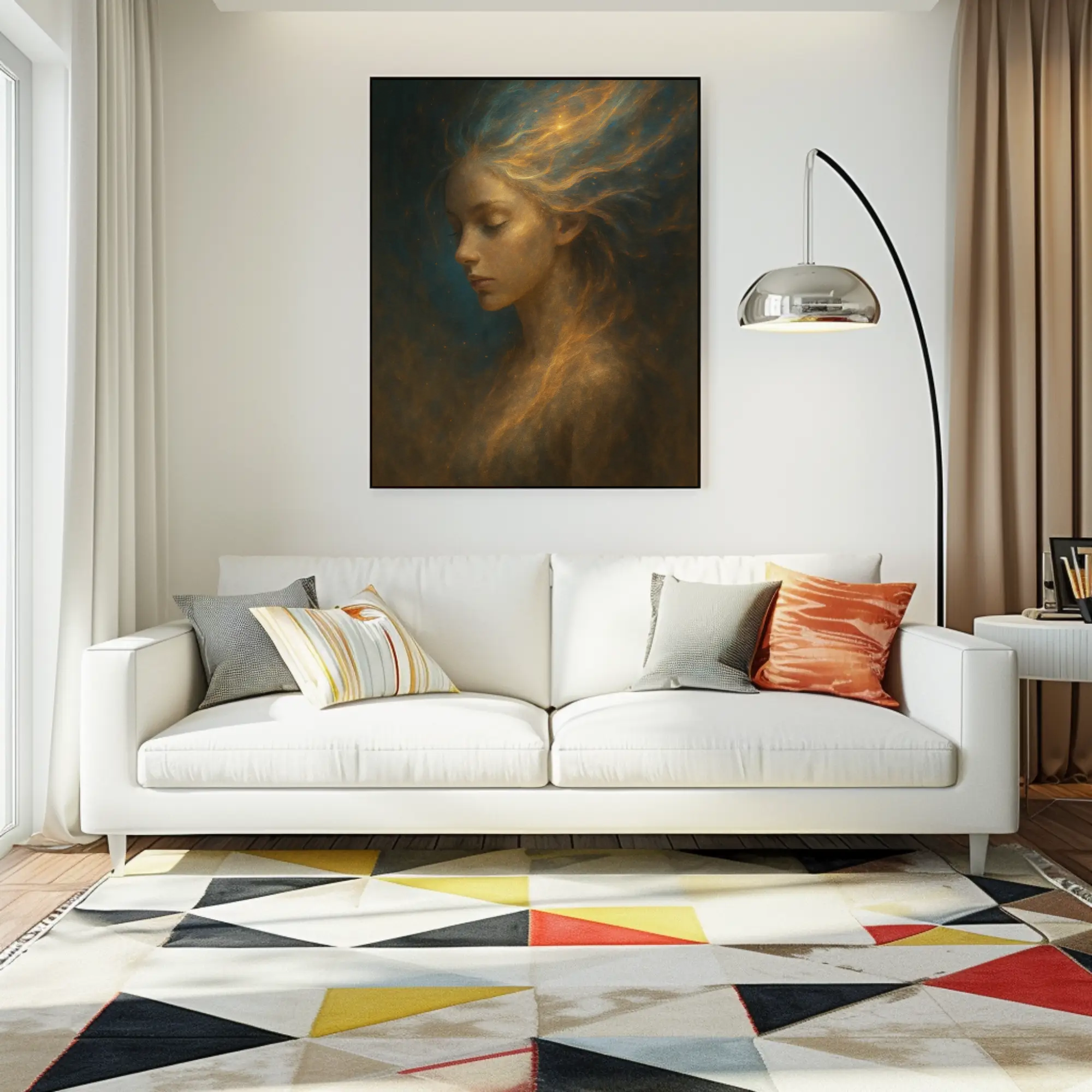Fine Art Print mit weiblichem Porträt und goldenen Lichtakzenten über einem modernen Arbeitsplatz.