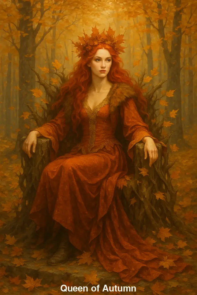 Königin des Herbstes mit rotem Haar auf Waldthron aus Ästen – kraftvolles, naturverbundenes KI-Kunstwerk.