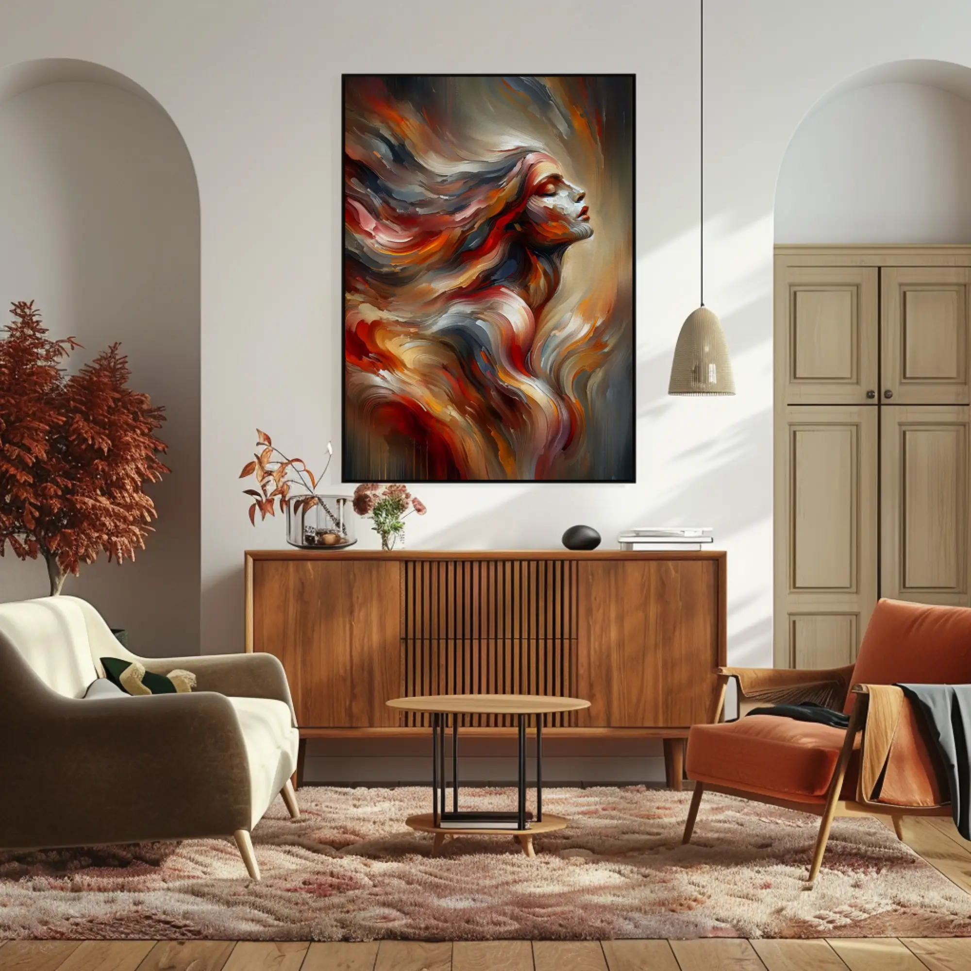 Quiet Fire Fine Art Print mit abstraktem Frauenportrait in Rot- und Goldtönen über moderner Wohnzimmereinrichtung.