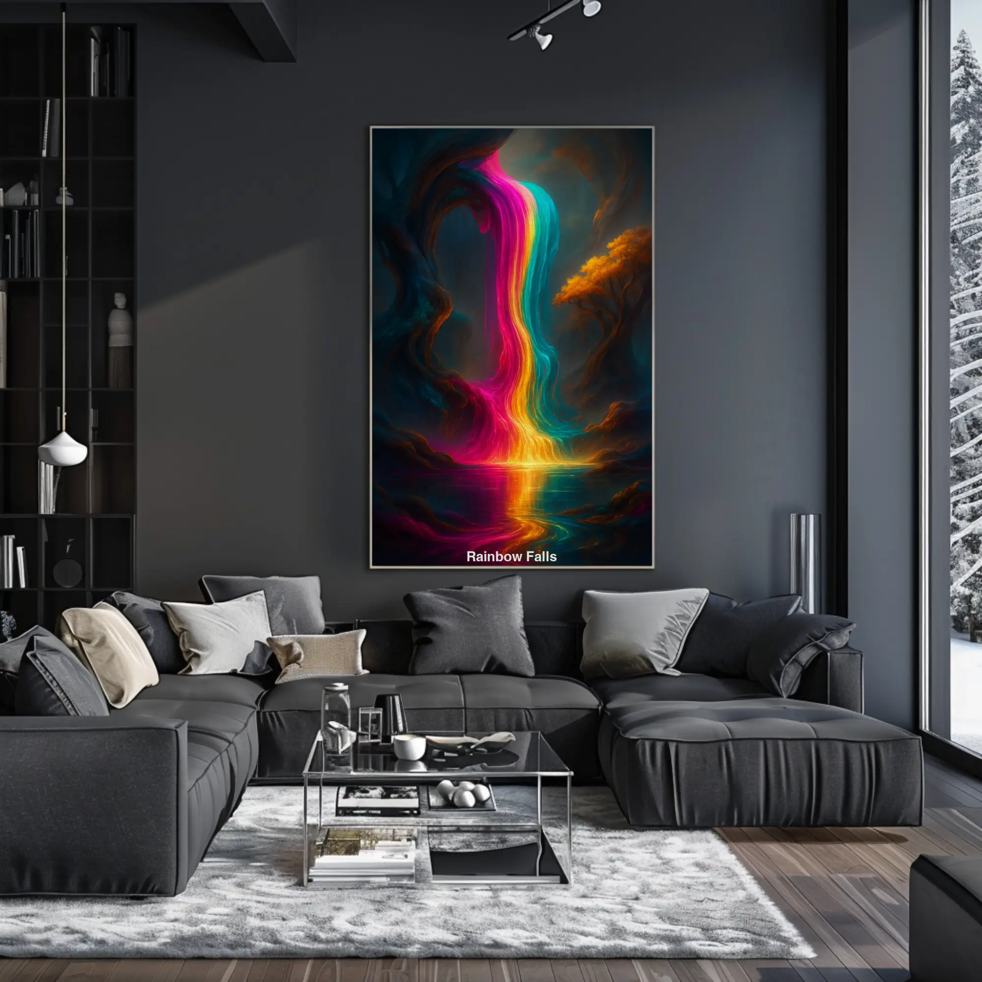 AI generierter Regenbogen-Wasserfall, der in eine mystische Landschaft fließt.