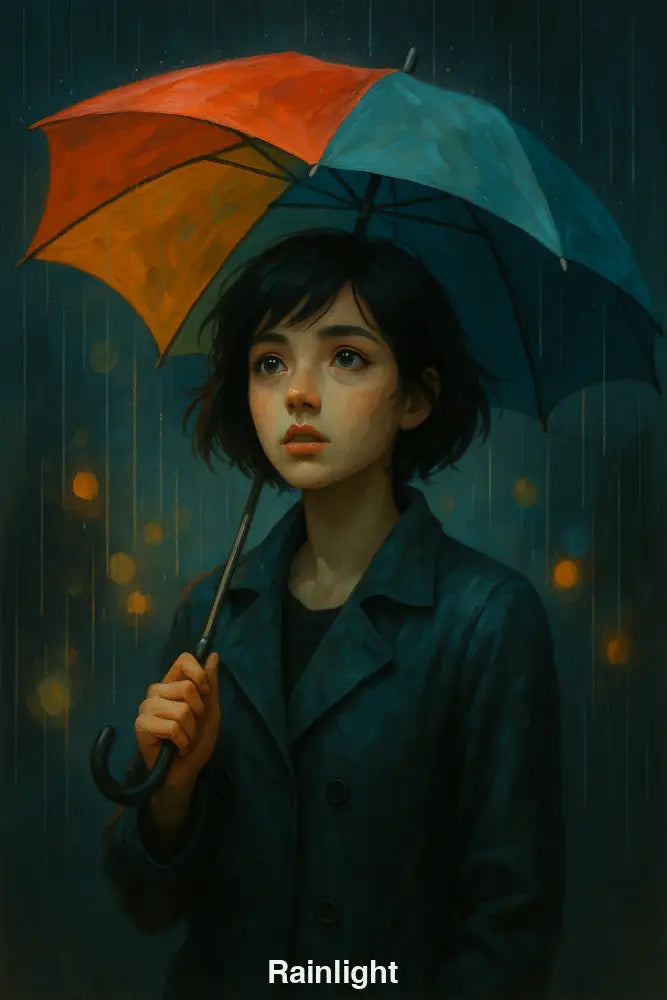 Mädchen mit buntem Regenschirm im Regen, melancholische Stimmung