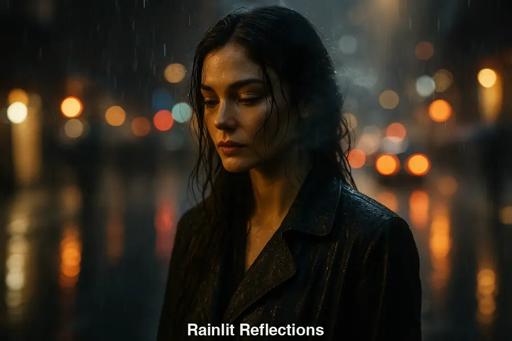 Frau im nächtlichen Regen, Stadtlichter spiegeln sich auf nasser Straße, fotorealistisch und emotional dargestellt.