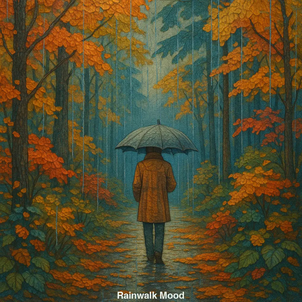 Person mit Regenschirm geht durch einen regennassen Waldweg voller bunter Herbstblätter – melancholisches digitales Gemälde