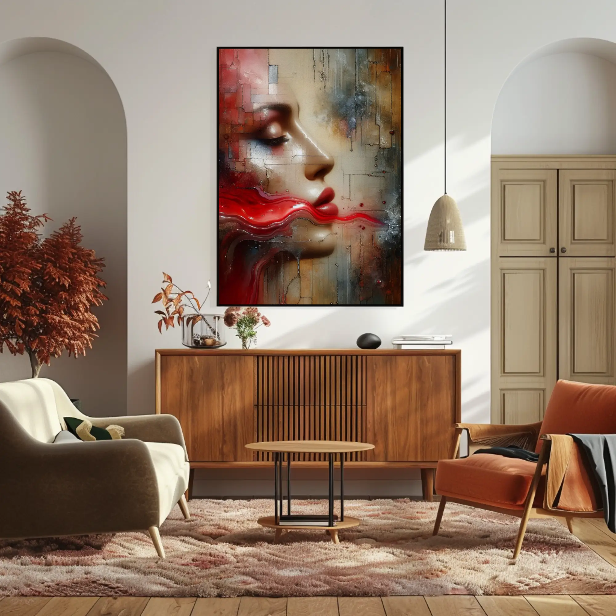 Red Frequency Fine Art Print mit rot leuchtendem Frauenportrait und abstrakten Farbstrukturen über moderner Wohnzimmereinrichtung.