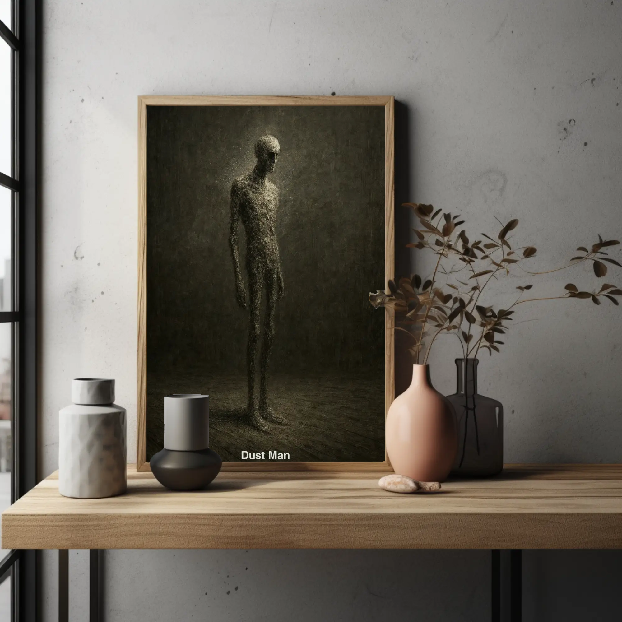 Dunkles Kunstwerk mit staubartiger Figur in moderner Einrichtung