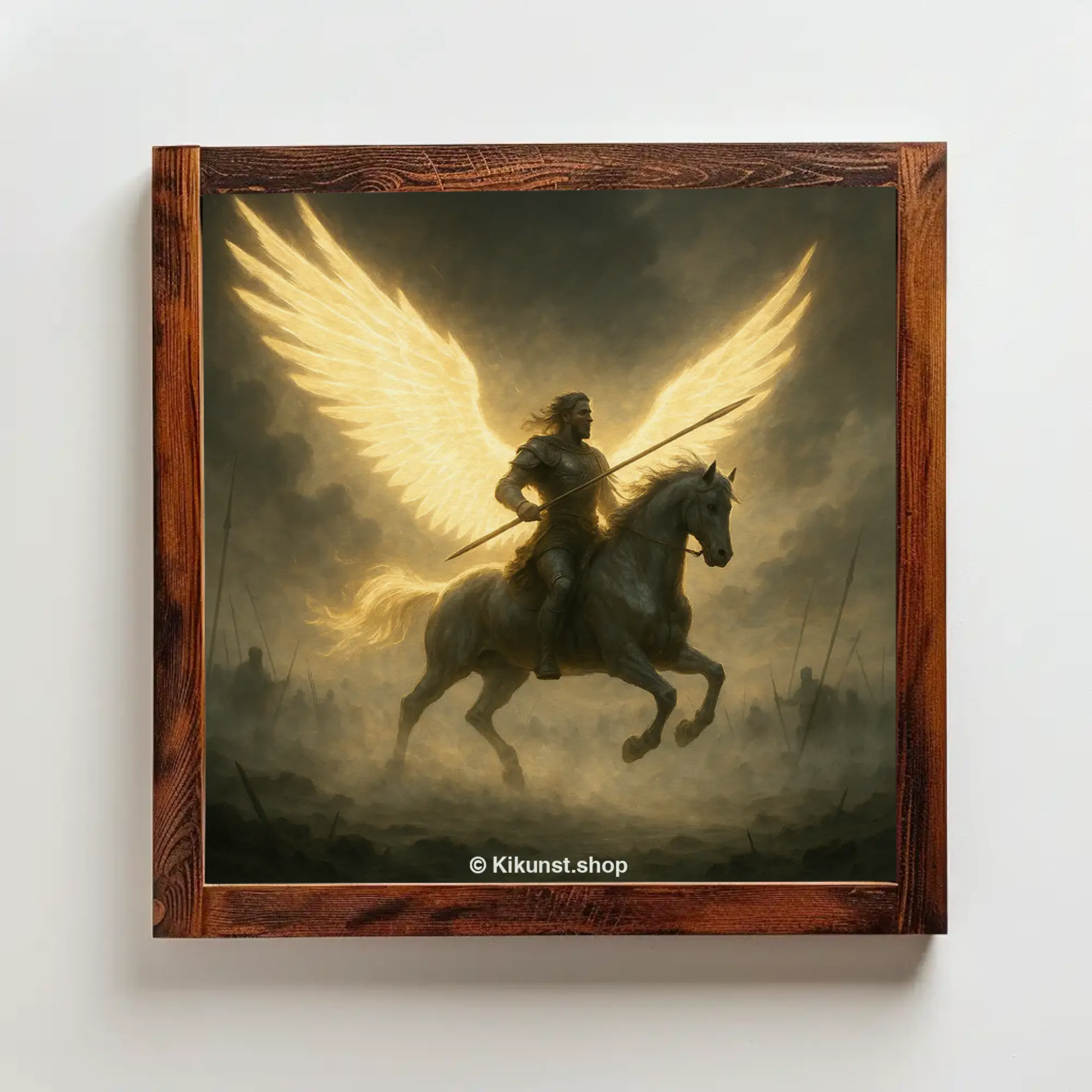 Fine Art Print mit Reiter und Pferd vor goldenem Licht in stilvoll eingerichteter Wohnumgebung.