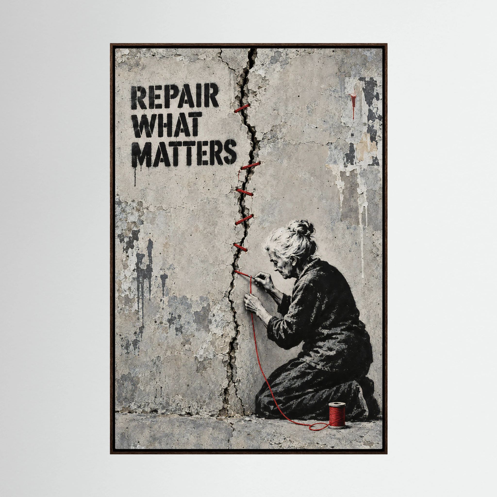Urbanes Leinwandbild in Schwarz, Grau und Rot mit Repair What Matters Schriftzug im dunklen Eichenrahmen