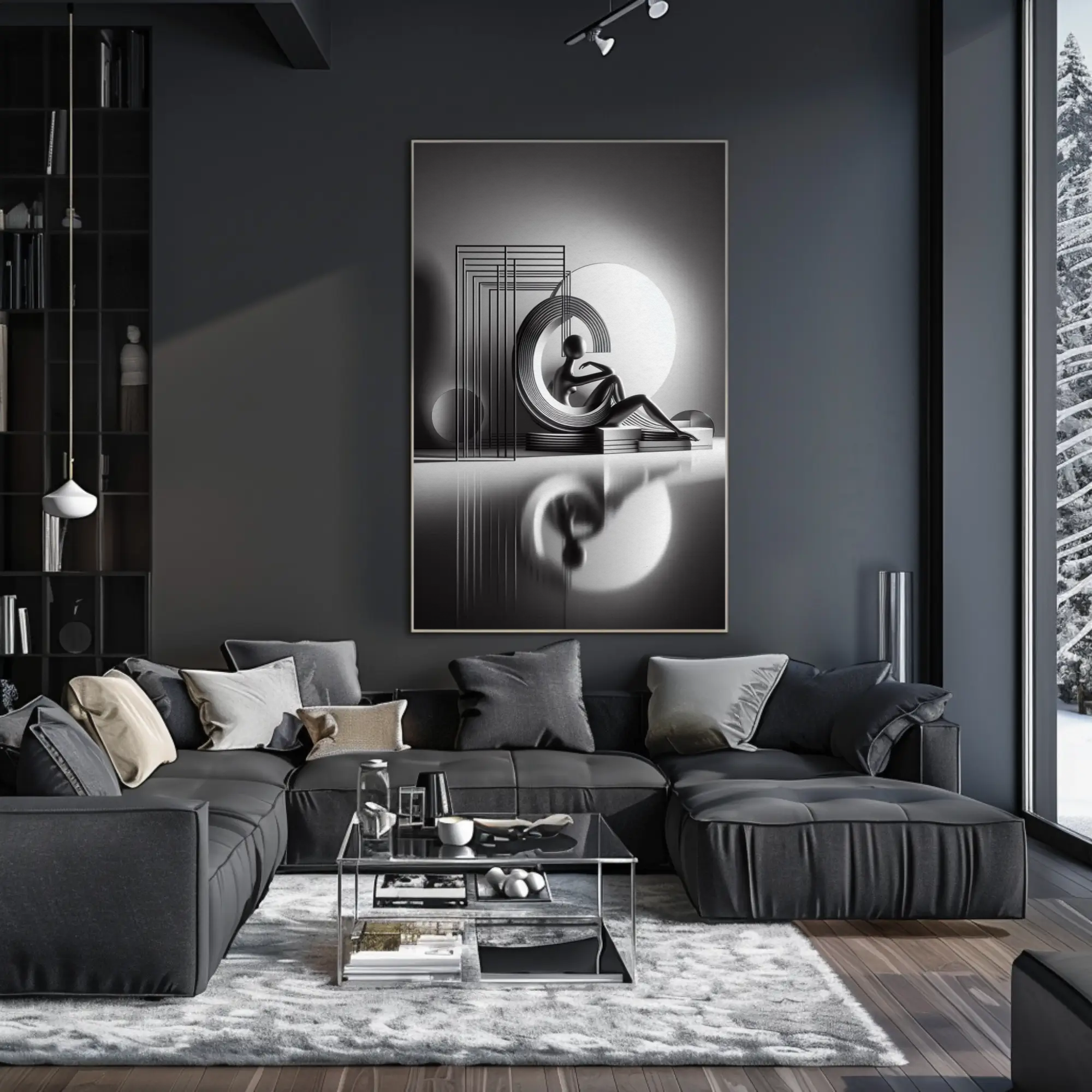 Schwarz-weißer Resting in Circles Fine Art Print mit ruhender Figur und geometrischen Kreisen über modernem Wohnzimmer