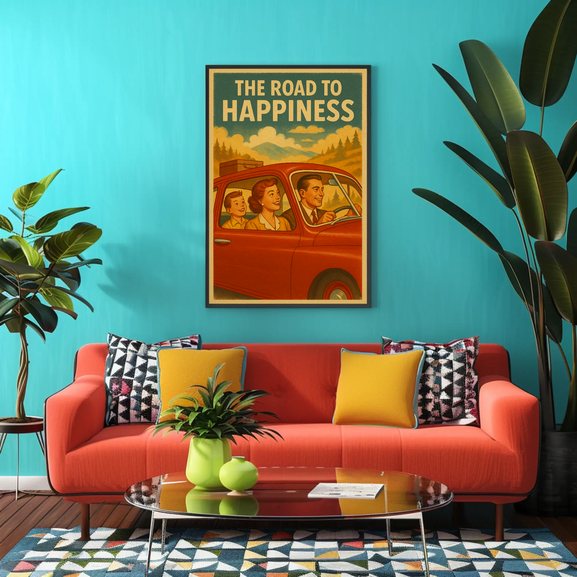 Fine Art Print im Retro-Stil mit fröhlichen Reisenden und nostalgischem Fahrzeug über moderner Wohnzimmereinrichtung.