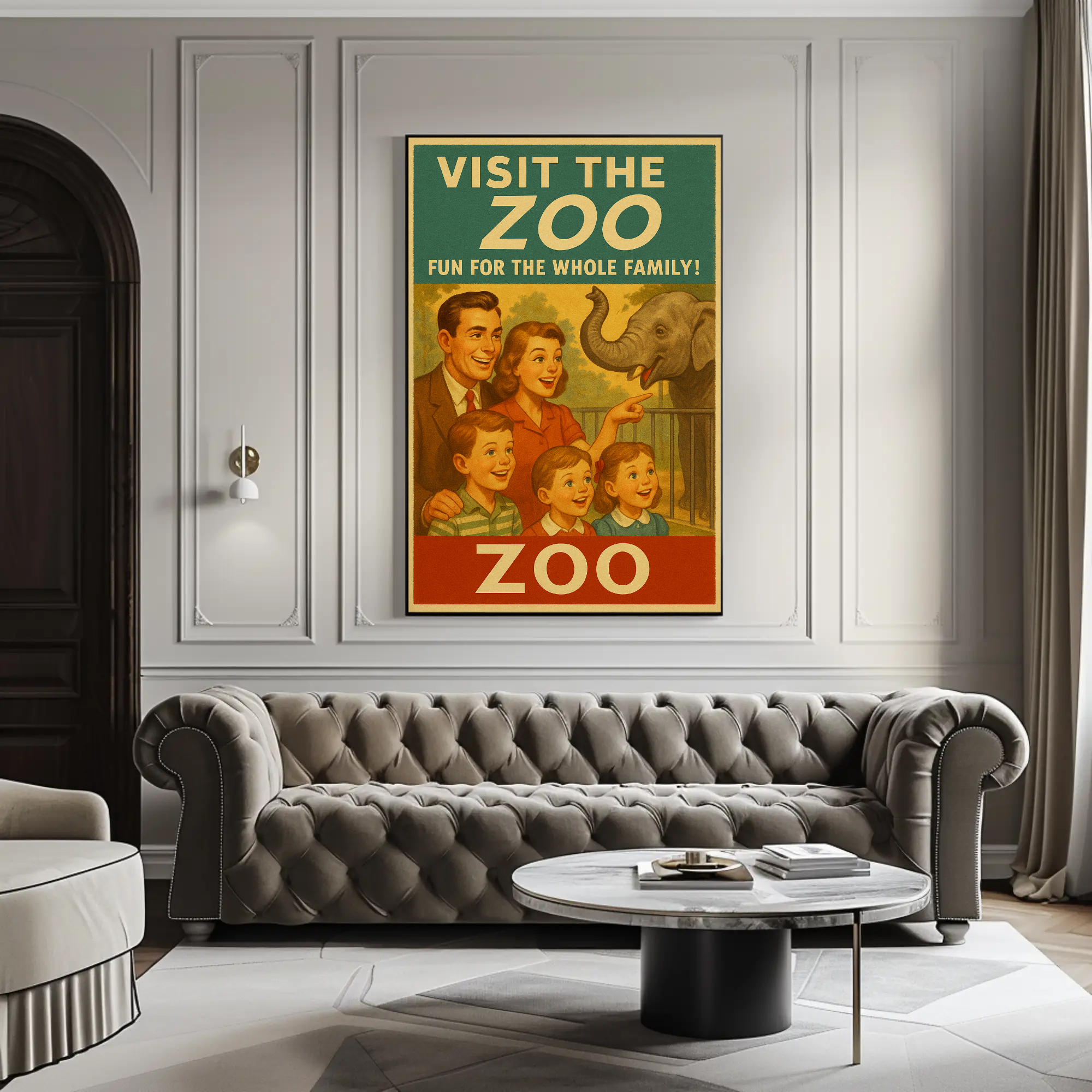 Fine Art Print mit nostalgischem Zoo-Poster im Retro-Stil in moderner Wohnumgebung.