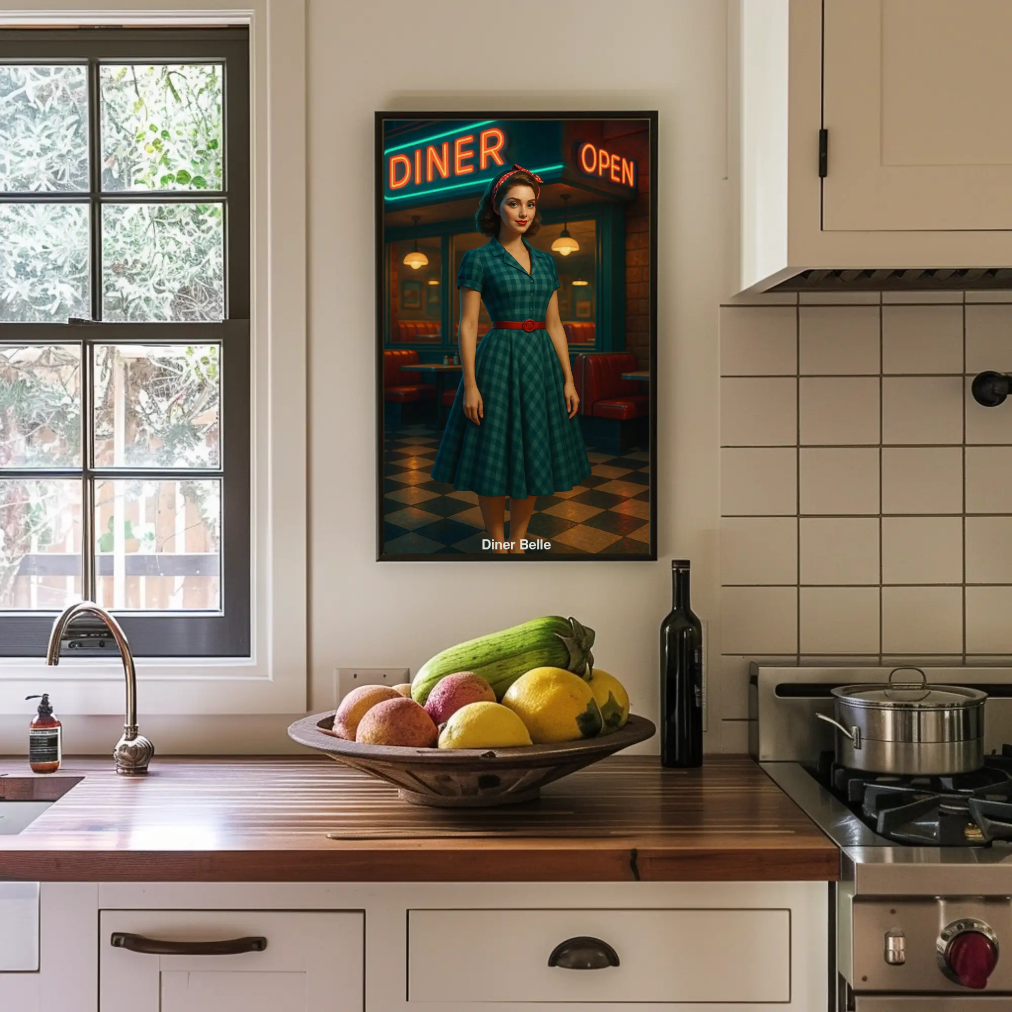 Diner Motiv mit Frau im Neonlicht als Fine Art Print im Raum