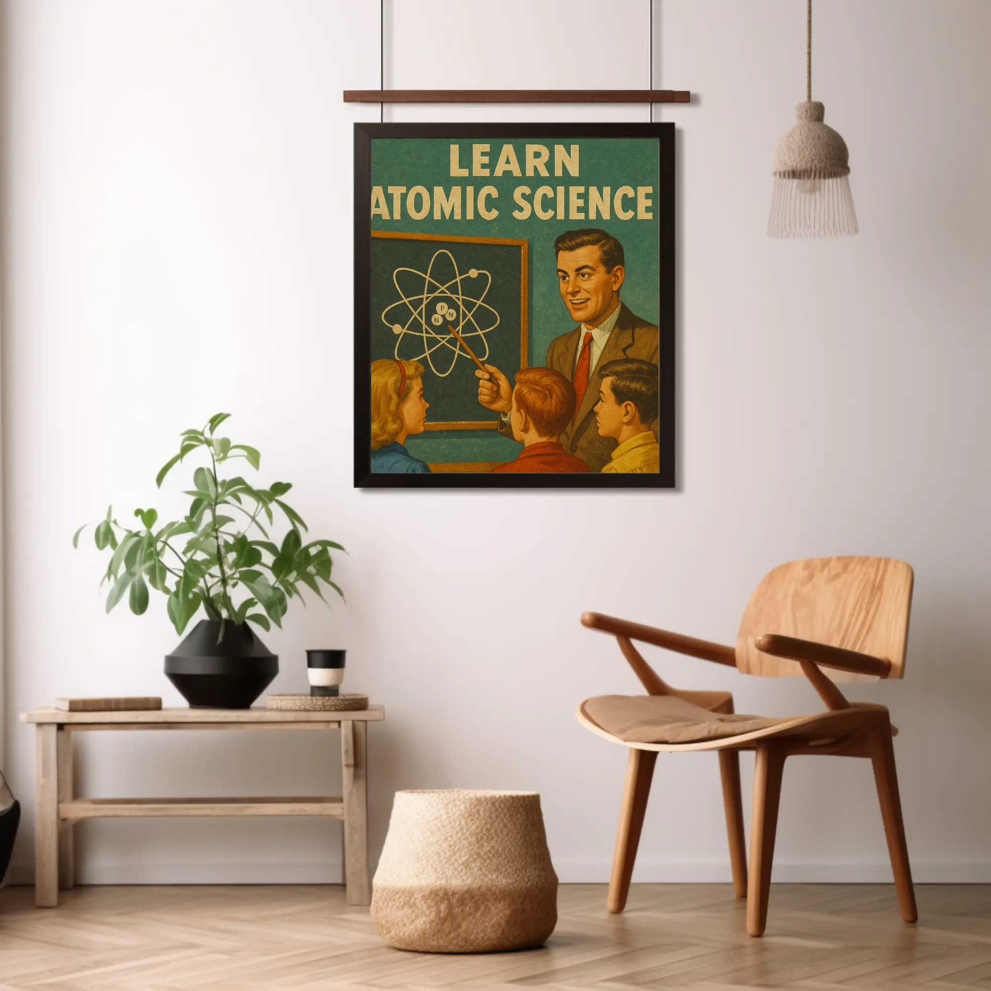 Retro Poster mit Atom Symbol und warmen Farben im Vintage Stil