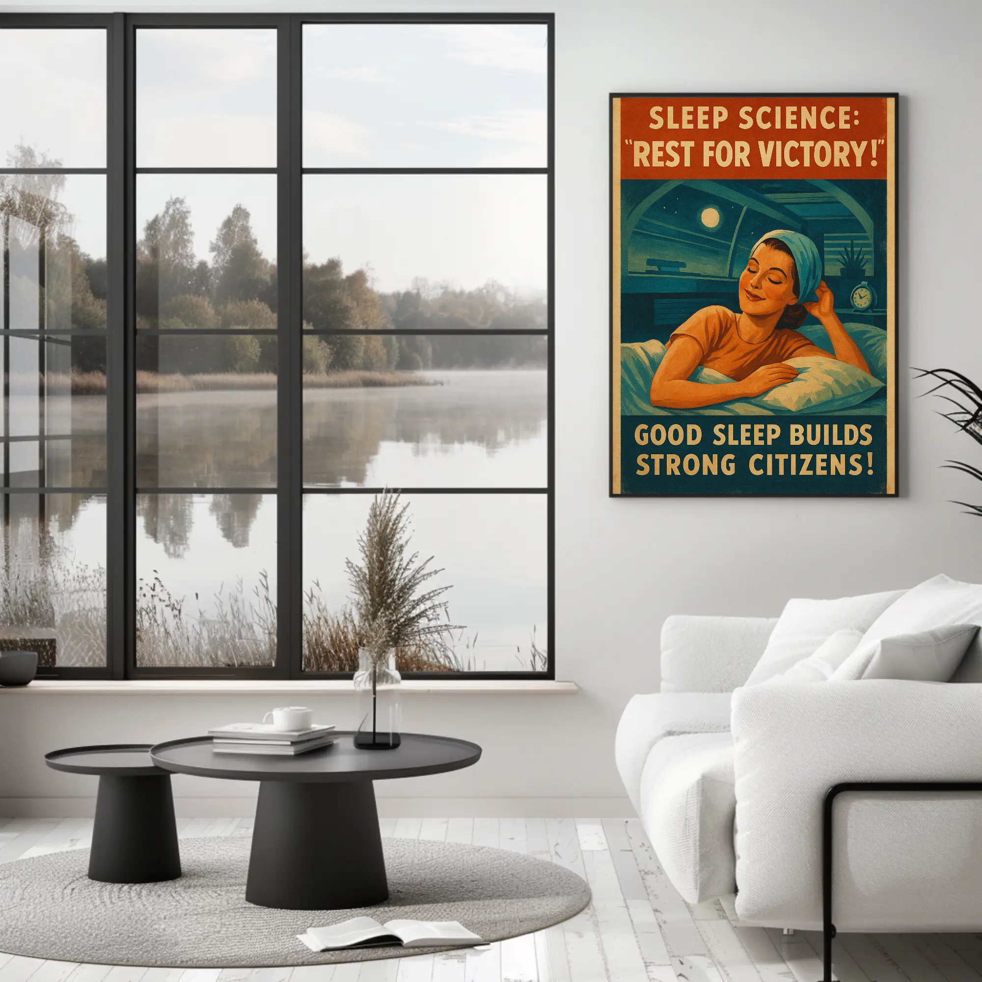 Vintage Poster mit humorvoller Schlafbotschaft in moderner Wohnumgebung