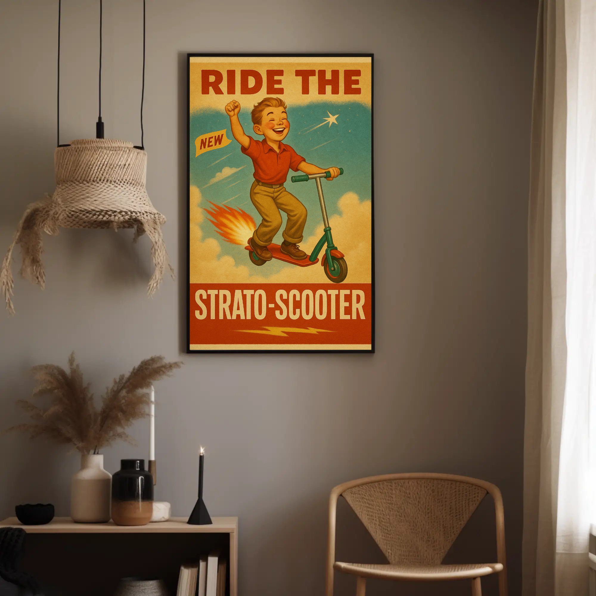 Vintage Fine Art Print im Stil eines klassischen Reiseplakats in modernem Wohnraum mit Holzelementen.