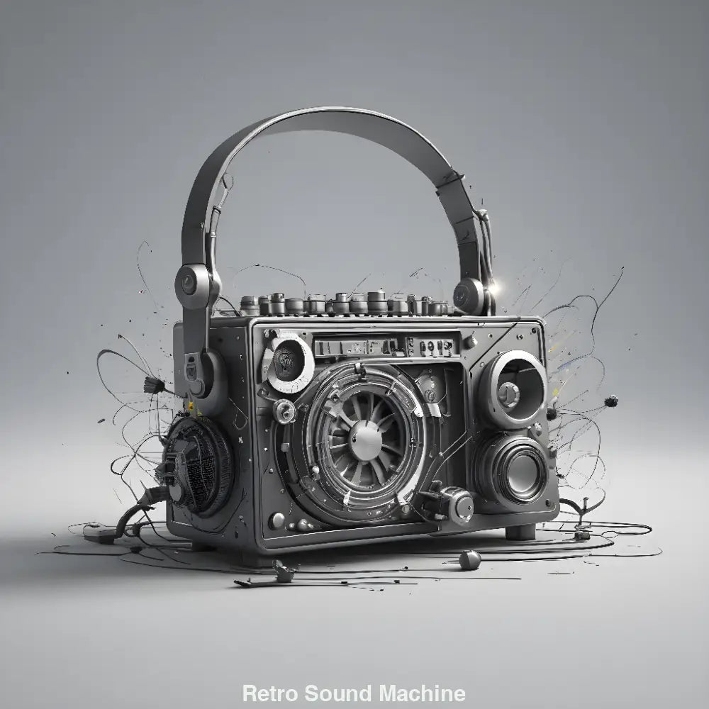 Digitale Illustration einer retro-futuristischen Musikmaschine mit Lautsprechern, Knöpfen und Kabeln im Vintage-Stil