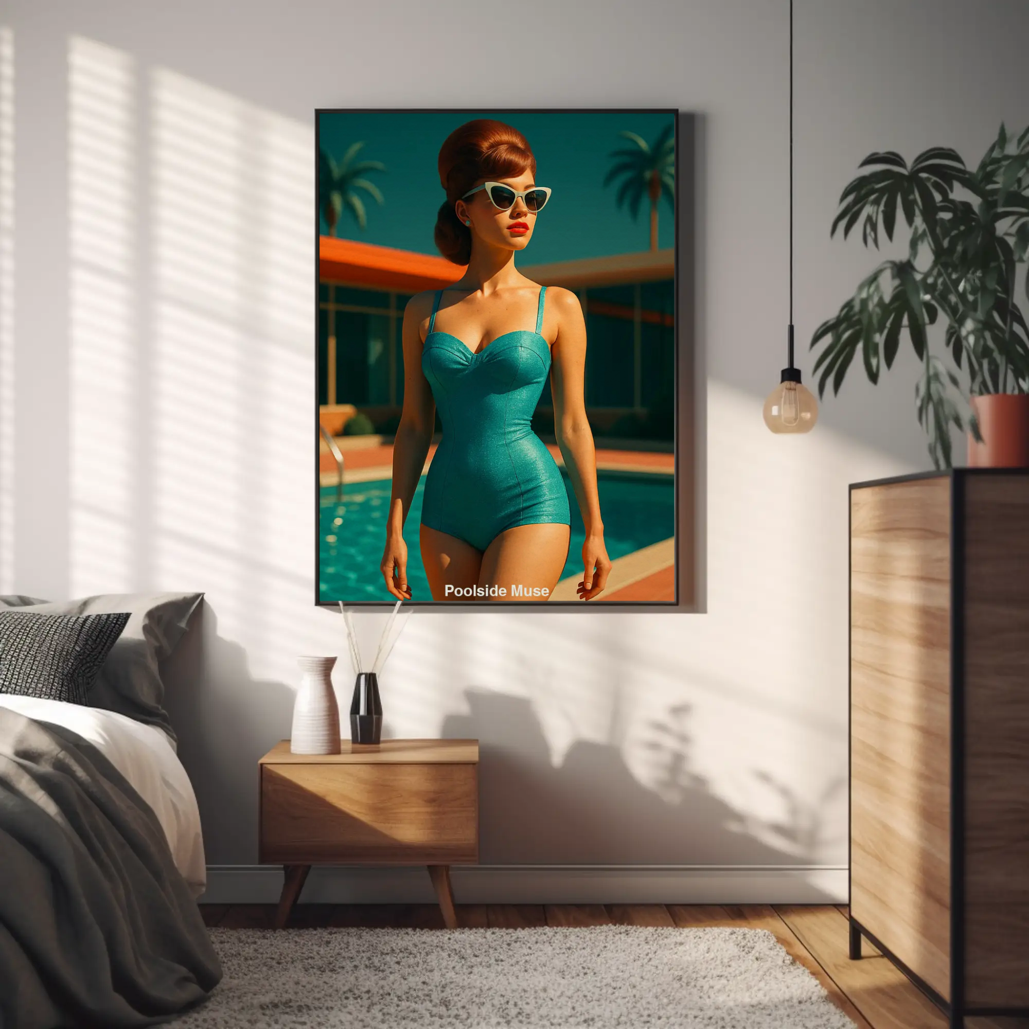 Fine Art Print mit stilvoller Frau am Pool in warmen Sommerfarben über moderner Einrichtung