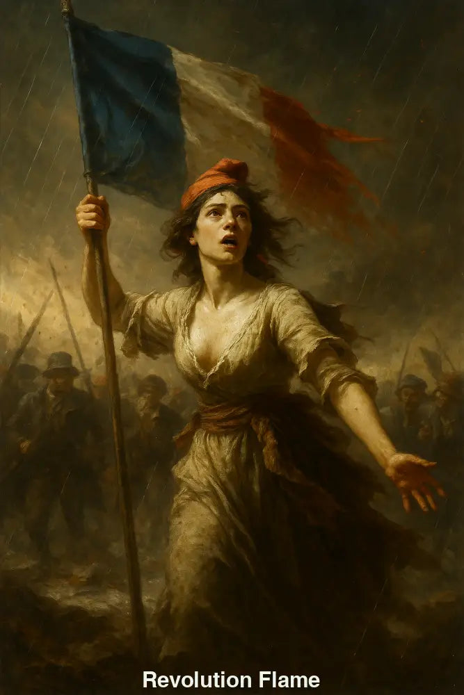 Frau mit französischer Flagge im Regen, inspiriert von Revolutionen – ausdrucksstarkes AI Art Werk
