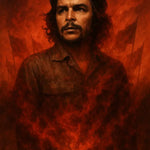 AI-Art Porträt einer historischen Figur in roten Flammen, Symbol für Stärke und Revolution.