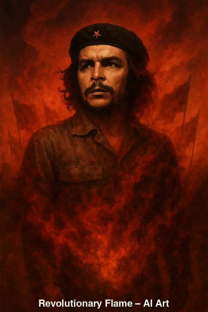 AI-Art Porträt einer historischen Figur in roten Flammen, Symbol für Stärke und Revolution.