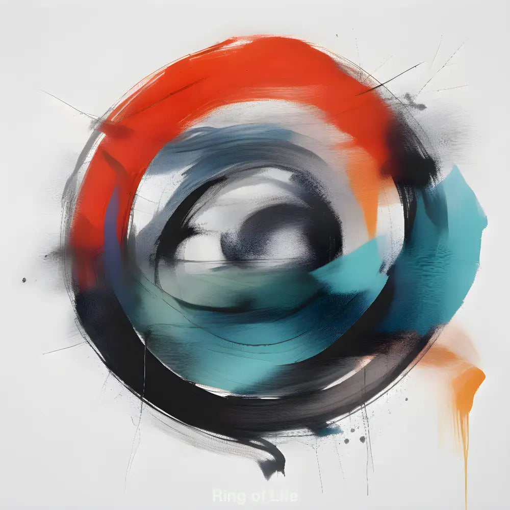 Kunstwerk mit abstrakten Formen, Masken und Farben – eine symbolische, visuell dichte Szene mit spiritueller Tiefe