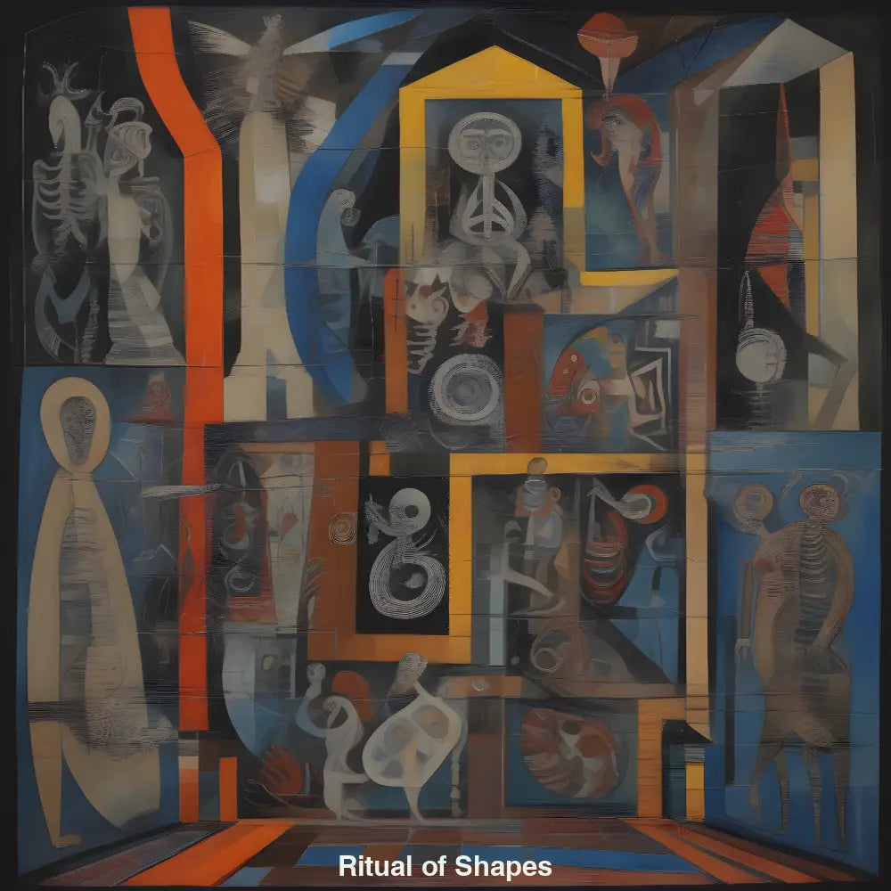 Kunstwerk mit abstrakten Formen, Masken und Farben – eine symbolische, visuell dichte Szene mit spiritueller Tiefe