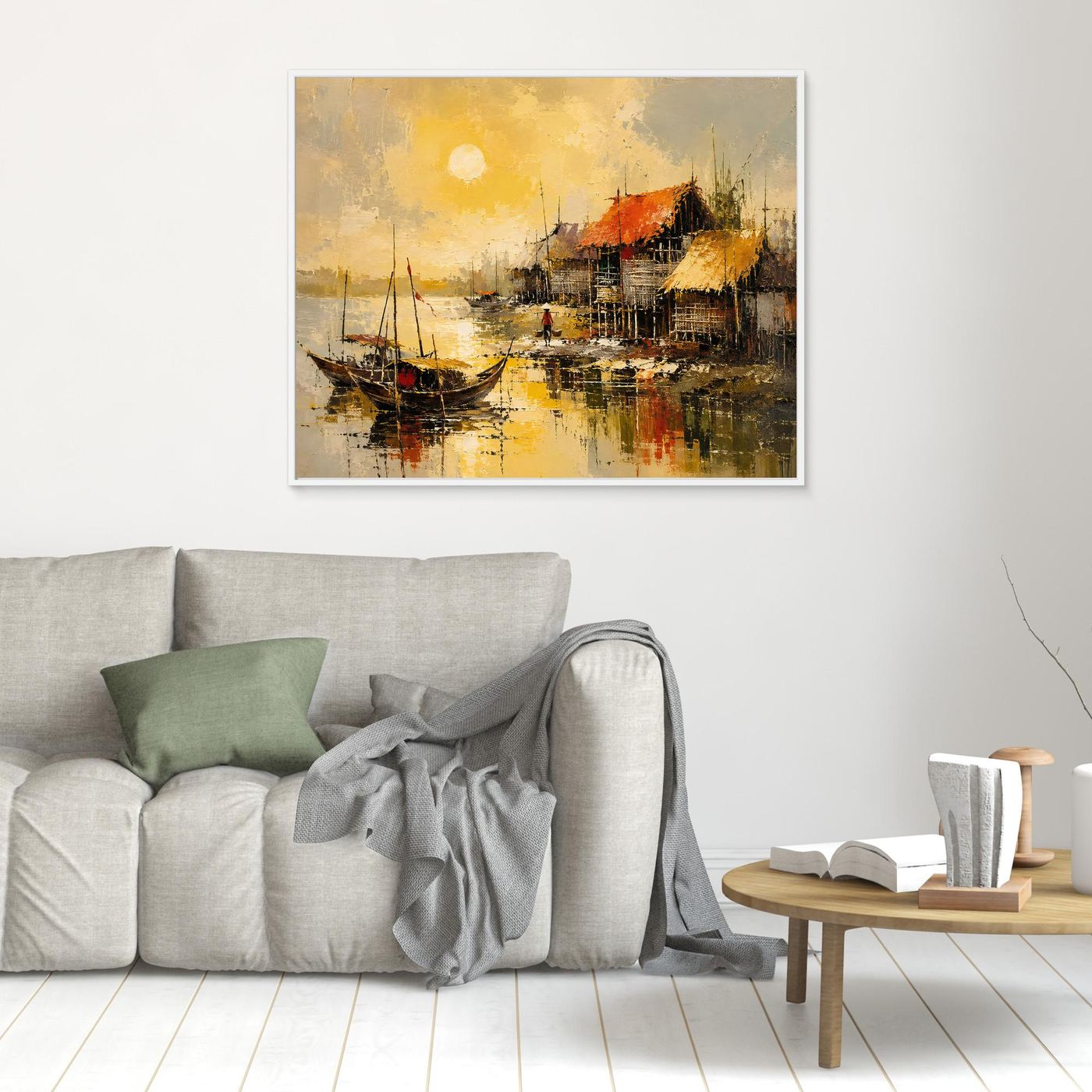 Vietnamesische Flusslandschaft mit Booten, traditionellen Häusern und warmen Goldtönen als Leinwandbild im Wohnraum