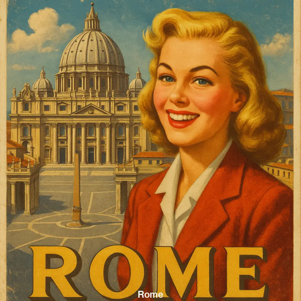 Retro-Poster zeigt elegante Frau vor dem Petersdom in Rom – im Stil klassischer 50er-Jahre-Reisewerbung gestaltet